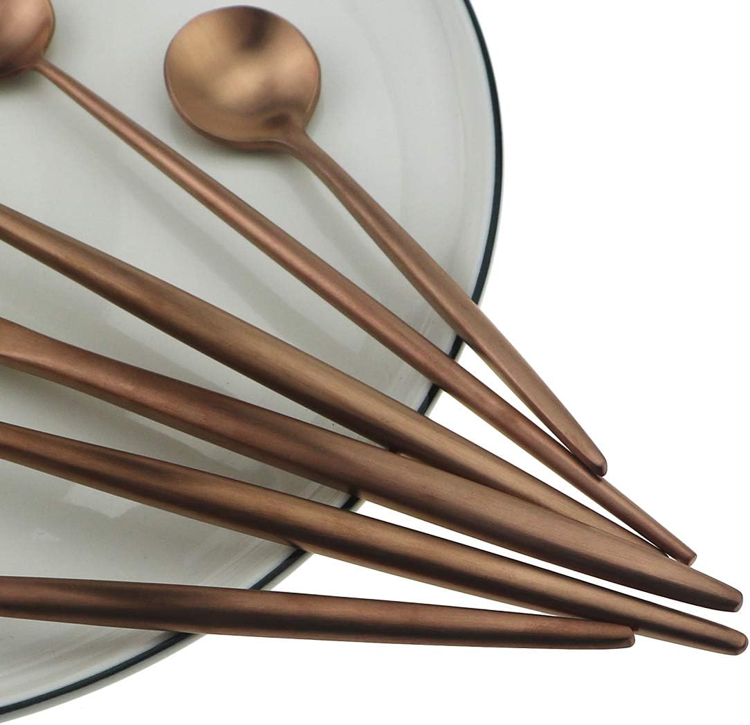 5 Pcs Dessert Spoon Set Silverware Set – 304 Stainless Steel Rose Gold Utensil Salad Spoon Set, Matte Copper Curved Design Cutlery 7.09 inches