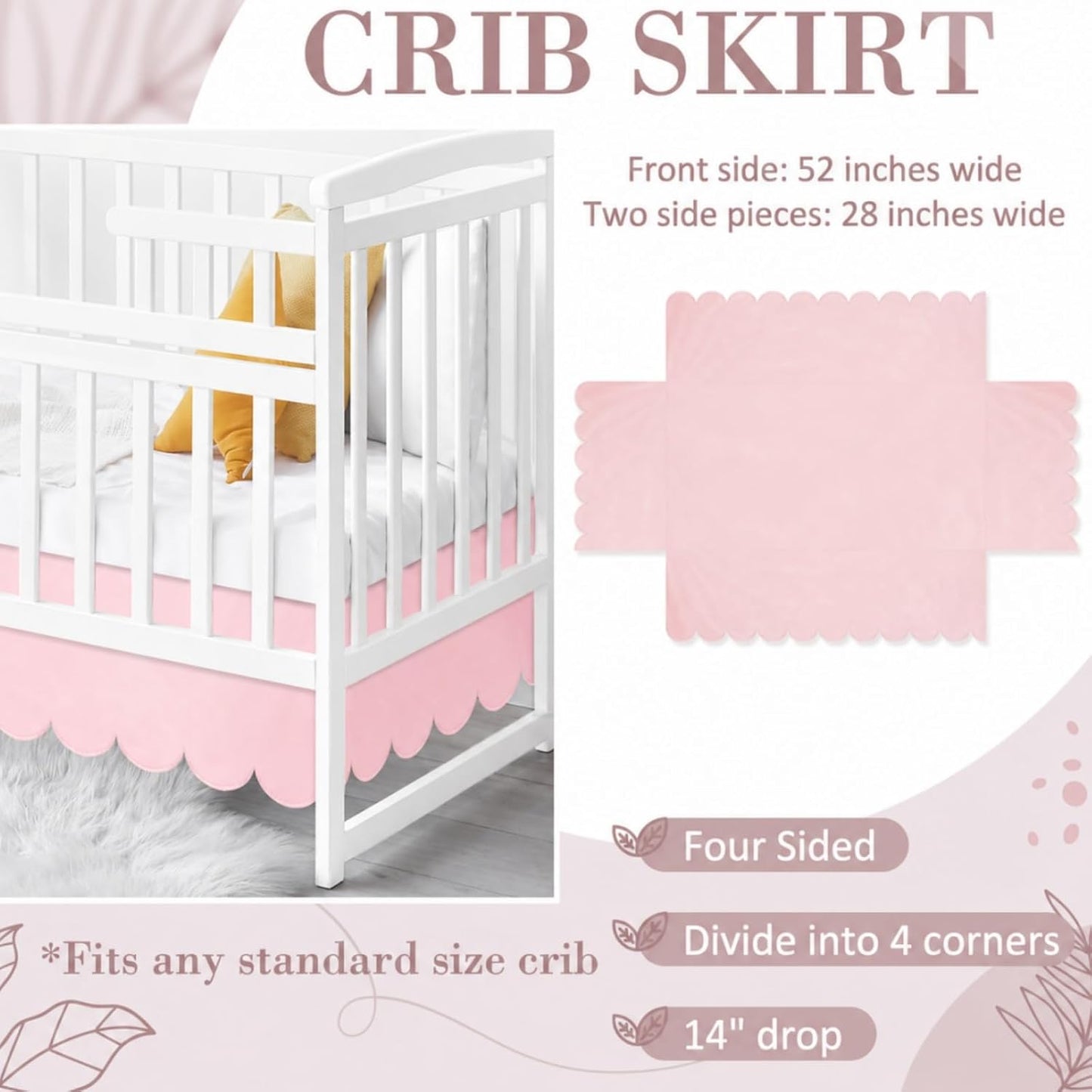 Hahafelt Scalloped Crib Skirt for Baby Girl Nursery, 28"x 52" with 14" Drop, 4-Sided Dust Ruffle, Soft Breathable Fabric, Elegant Nursery Decor, Fits Standard Crib, Pink