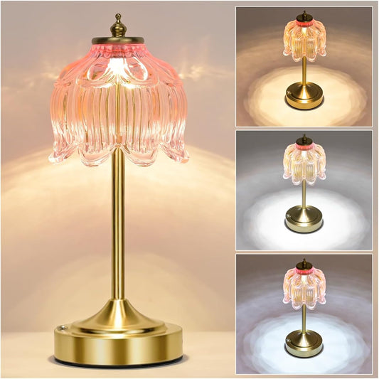 Cordless Table Lamp, Rechargeable Battery Powered Lamp with Touch Control, 3 Color Modes & Stepless Dimmable, Small Vintage Table Lamp for Bedroom Bathroom Kitchen Nightstand, (Pink)