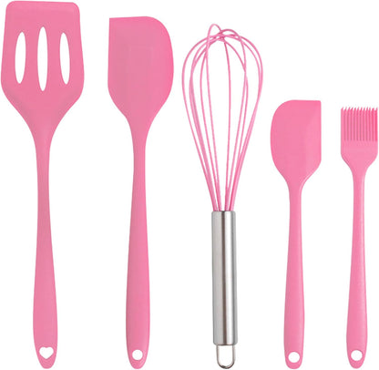 Silicone Spatula Set 5 Pieces Heat Resistant Non-Stick Rubber Spatulas for Baking Cooking Mixing Scraping Nonstick Cookware Kitchen Utensils (Pink)