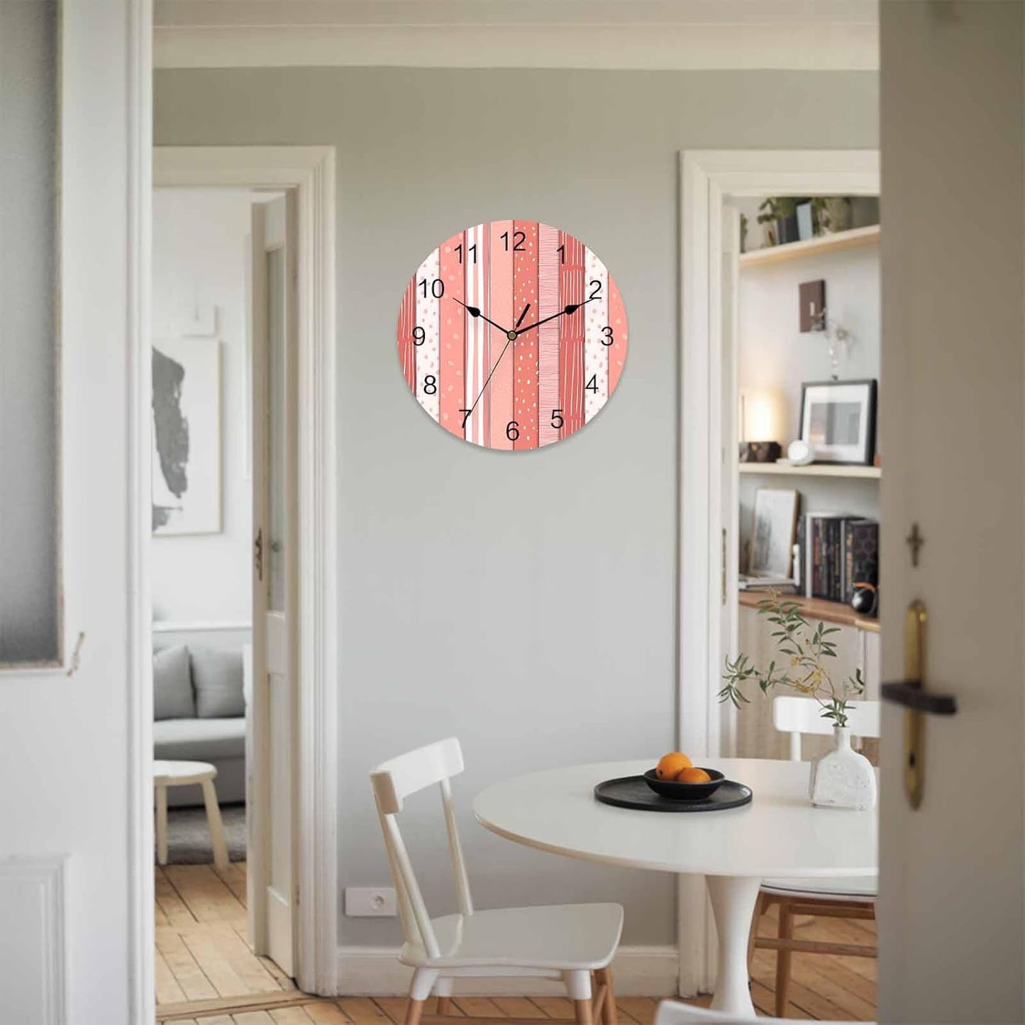 Wall Clock Pink Stripes Clocks PVC Silent Non-Ticking Battery Operated Decorative Coral Polka Dots Striped Grain Round Clock for Home Living Room Kitchen Bedroom Office School Wall Decor 10 Inch