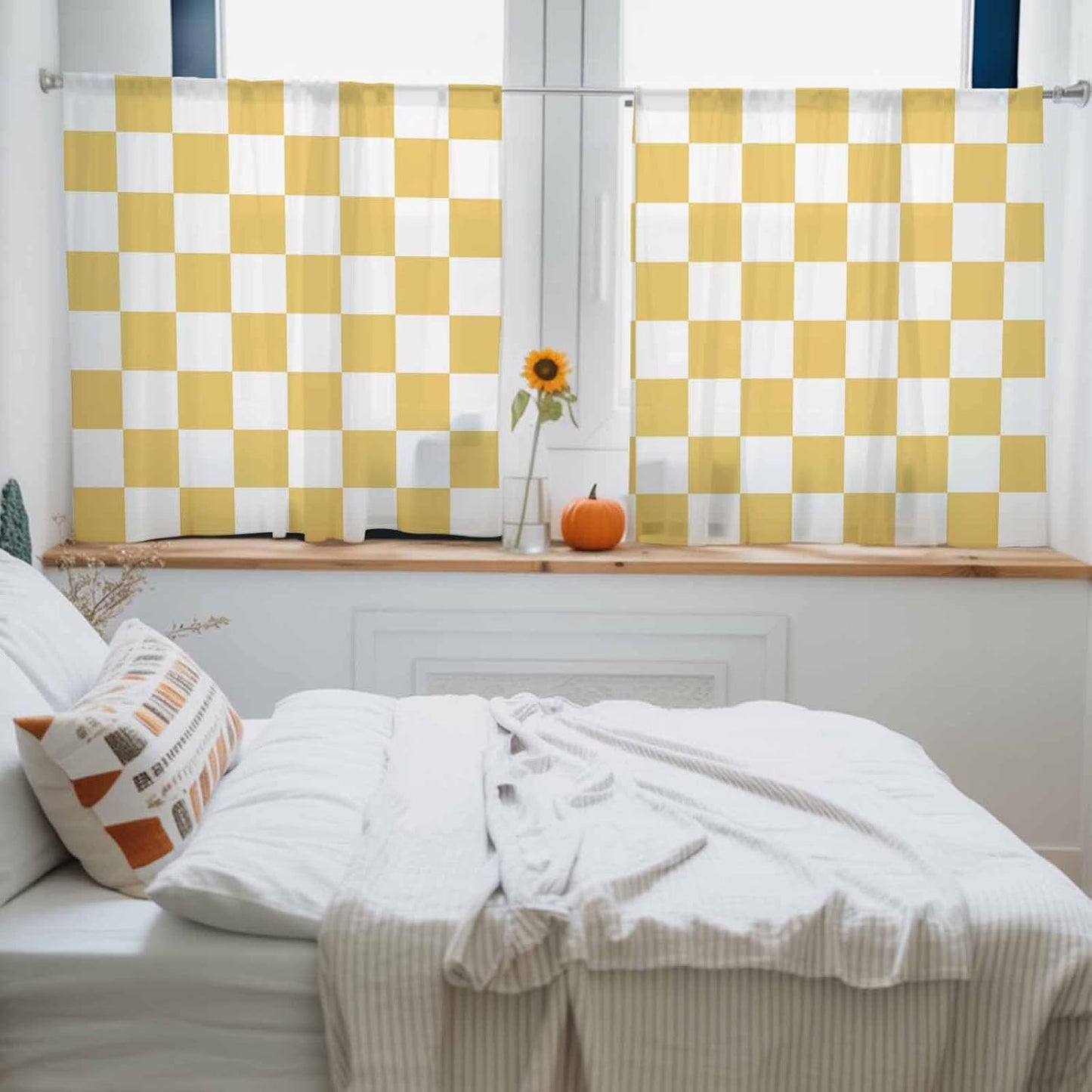 Lemon Yellow Checkered Sheer Curtains for Living Room Bedroom Geometric Yellow Buffalo Plaid Sheer Curtains 45 Inch Long 2 Panels Set Light Filtering Curtain Window Treatments Drapes for Dining Room