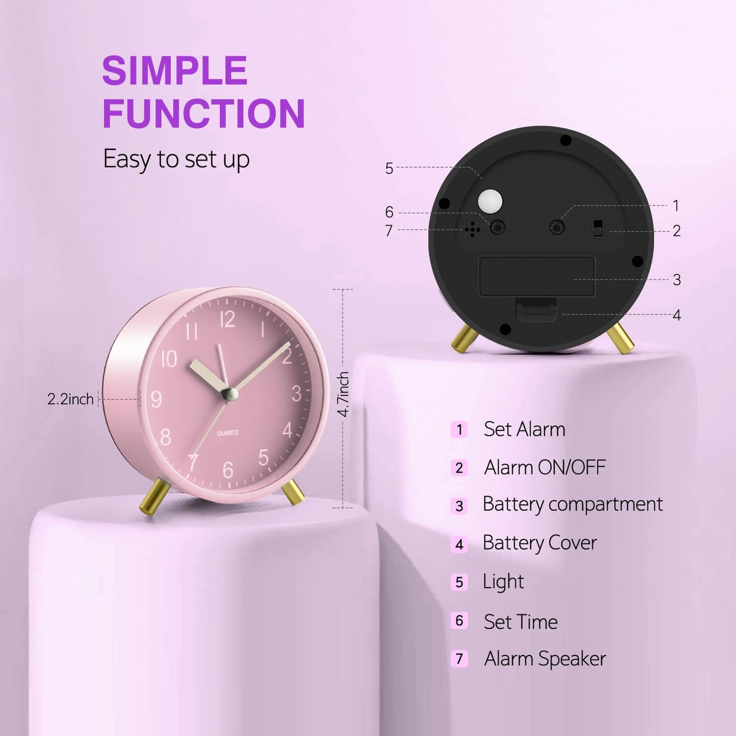 Analog Alarm Clock for Girls, Super Silent Non Tick with Night Light, Battery Operated,Bedroom Clock for Mom,Fashionable Round Metal Alarm Clock for Office, Elderly,Adults,Children School Gift