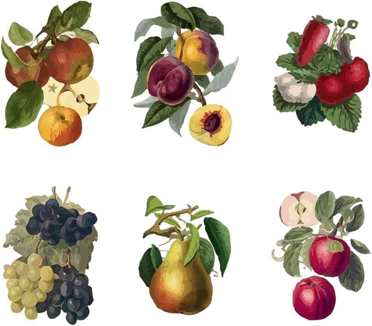 SUPERDANT 6pcs Large Size Vintage Fruits Wall Sticker Grape Peach Wall Decals Peel and Stick Vinyl Country Art Decal Kitchen Decor for Refrigerator Cabinet Dining Room Home Livingroom Decoration Gift