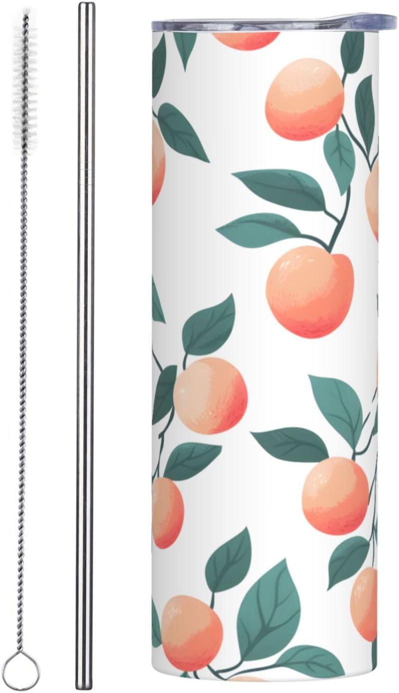 20oz Stainless Steel Tumbler with Lid & Straw, Peach Pattern Leaves Insulated Coffee Travel Mug for Men Women, Straight Tumbler Cup for Hot & Cold, Reusable Tumbler for Home Office Car