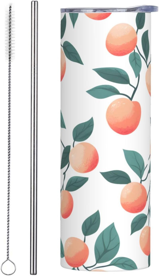 20oz Stainless Steel Tumbler with Lid & Straw, Peach Pattern Leaves Insulated Coffee Travel Mug for Men Women, Straight Tumbler Cup for Hot & Cold, Reusable Tumbler for Home Office Car
