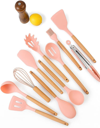 12-Piece Silicone Kitchen Utensil Set: Heat resistant up to 446°F. Includes Turner, Tongs, Spatula, Spoon, Brush, Whisk, Wooden Handles, Holder for Nonstick Cookware. (Pink), Medium