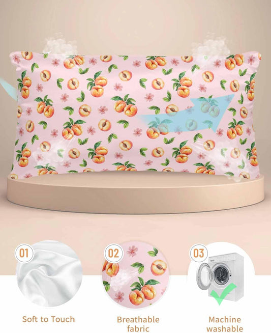 Peaches Pink Satin Pillowcase for Hair and Skin with Zipper, Soft Breathable Cooling Silk Pillow Cases, Summer Fruit Country Flowers Watercolor Throw Pillow Covers King Size 20''x40''