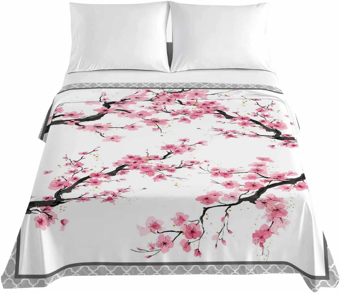 Spring Pink Flowers Full Size Sheets - Hotel Quality Full Flat Sheet Only 1 Pack, Botanical Peach Blossoms Floral Soft Bed Sheet Brushed Microfiber Bedding Top Sheets for Home Dorm