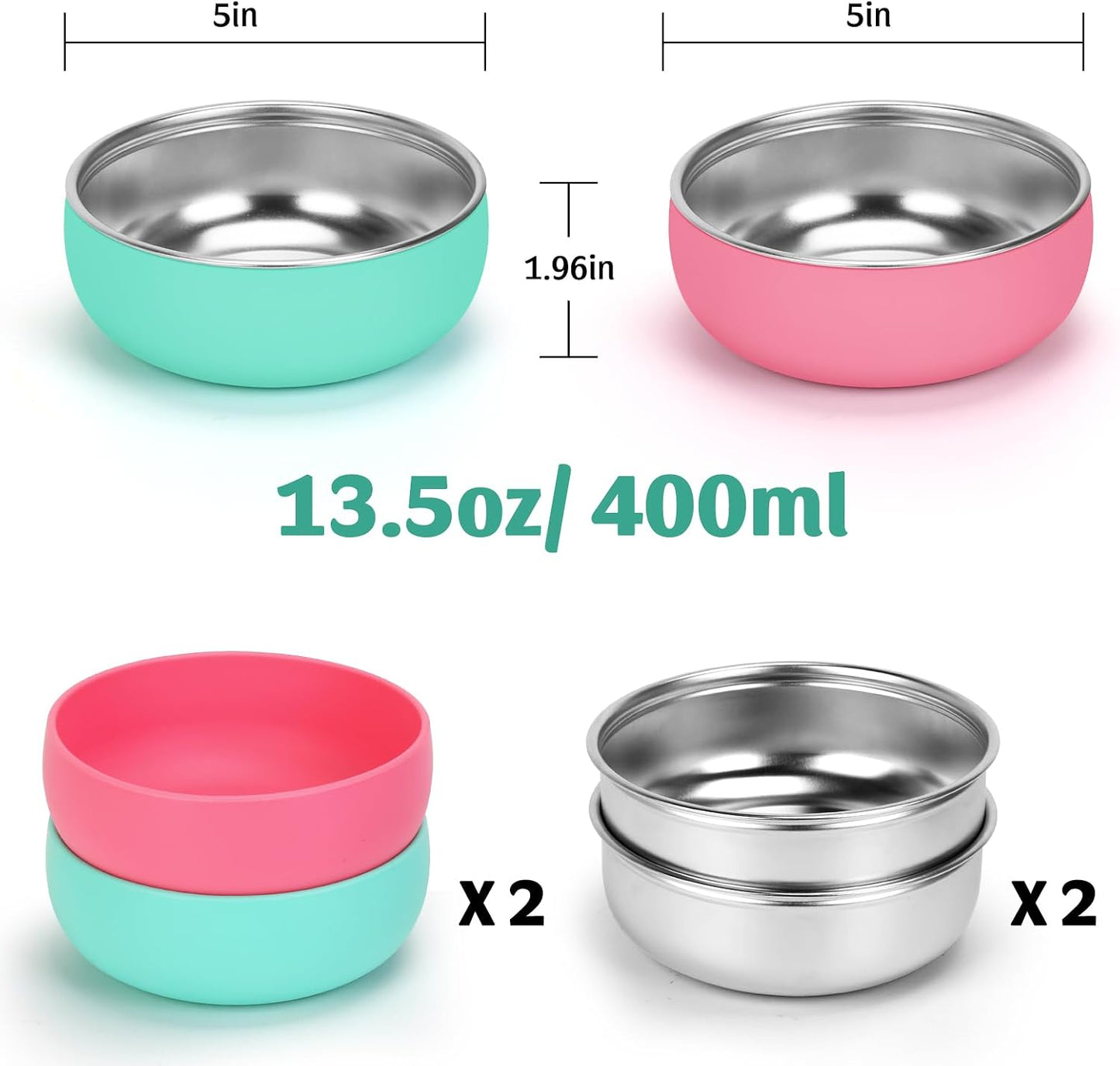 Non-Slip Stainless Steel Cat Bowls, 2 Pack Cat Dishes for Food and Water with Detachable Colorful Silicone Anti-Slip Bottom, 5 '' Wide Thick & Heavy Duty Metal Pet Bowls for Kitten, Cats and Puppy