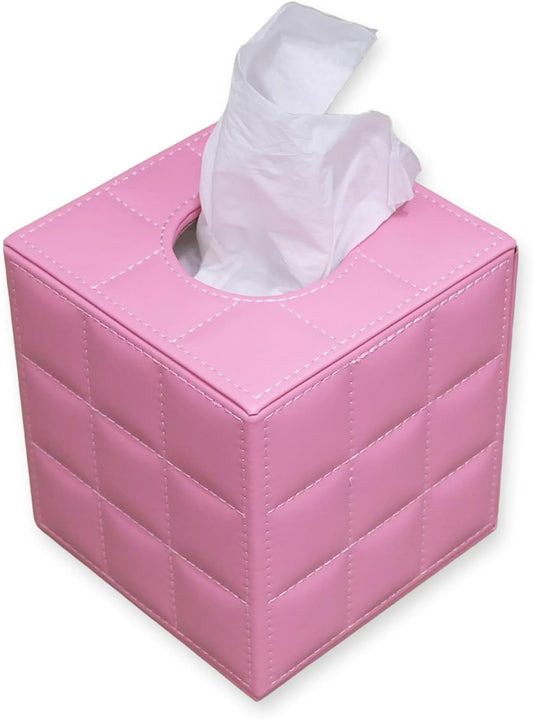 Square Leather Tissue Box Cover, Hand MDF Inner Frame Tissue Holder (Pink & 5.3 x 5.3 x 5.9 inch)