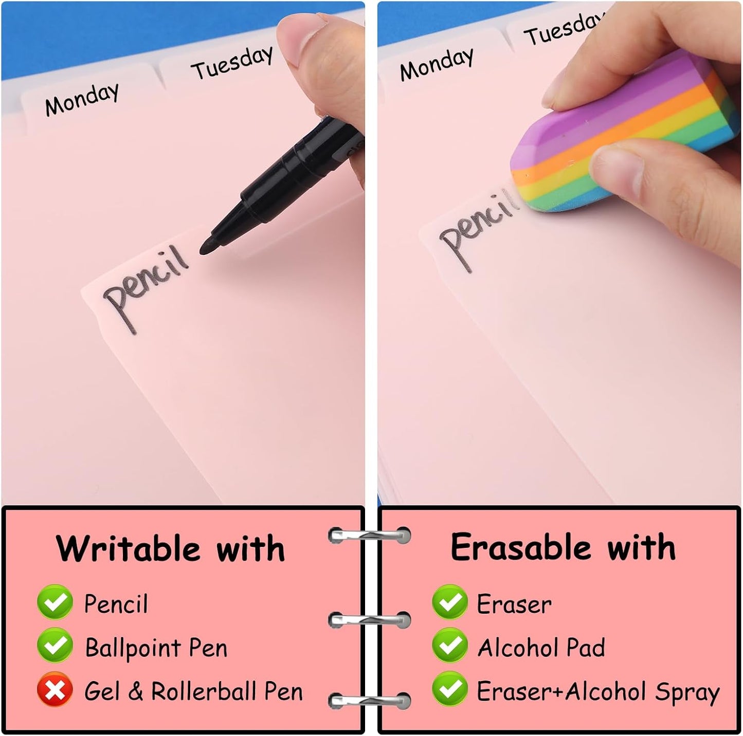 8Pcs 3 Ring Pink Binder Dividers with 8 Tabs,A4 Sturdy Plastic Dividers Aesthetic Dividers for Binder,Insertable Pink Binder for Office Homework Notebook Binder Page Supplies