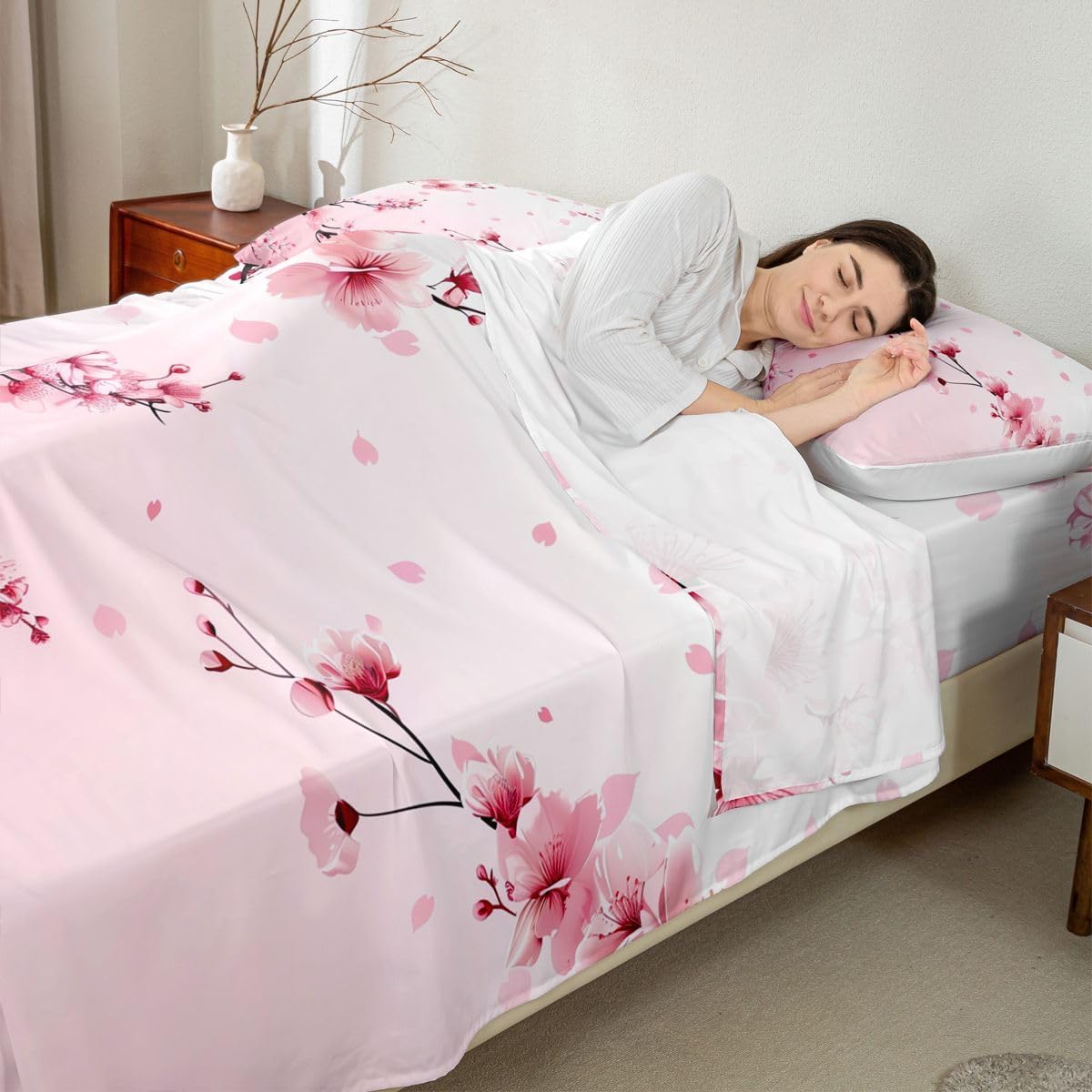 Homewish Cherry Bloosom Bedsheets Queen Size 4 Pcs,Pink Petal Spring Flowers Bedding Set for Girls Women Adults,Dreamy Wild Peach Blossom Sheet Set with Flat,Fitted Sheet,2 Pillowcases