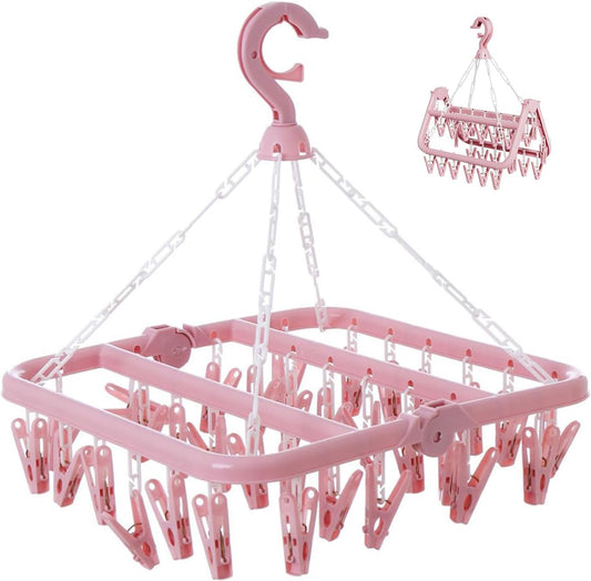 Laundry Drying Rack with 32 Hanger Clips, Foldable Clip Hangers for Drying Socks, Underwear & Towels, Portable Clothes Rack, 360° Rotatable Hook Plastic Baby Hangers (Light Pink)