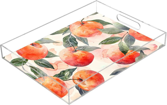 Watercolor Peach Acrylic Serving Tray with Handles, 12x16 Inch Spill Proof Clear Decorative Tray for Ottoman Coffee Table Countertop