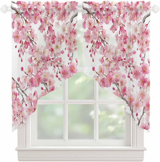 Spring Peach Flowers Swag Valances for Windows, Pink Floral Leaves Branch Rod Pocket Sheer Valances for Small Windows, Botanical Swag Toppers Light Filtering for Kitchen Living Room 2 Panels 36''x36''