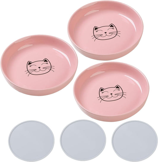 Lusifaco Shallow Cat Food Bowls, 5.9 Inch Wide Ceramic Cat Dish for Indoor Cat,Anti Whisker Fatigue Cat Dishes Set, Kitten Plates for Food and Water,Non-Slip Silicone Mat,3 Pack(Pink)