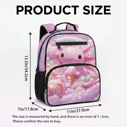 COEQINE Personalized Axolotl Toddler Girls Backpack with Lunch Box Set Mini School Bag for Girls 1st Grade with Water bottle Lightweight Diaper Bag Pink Rainbow Candy