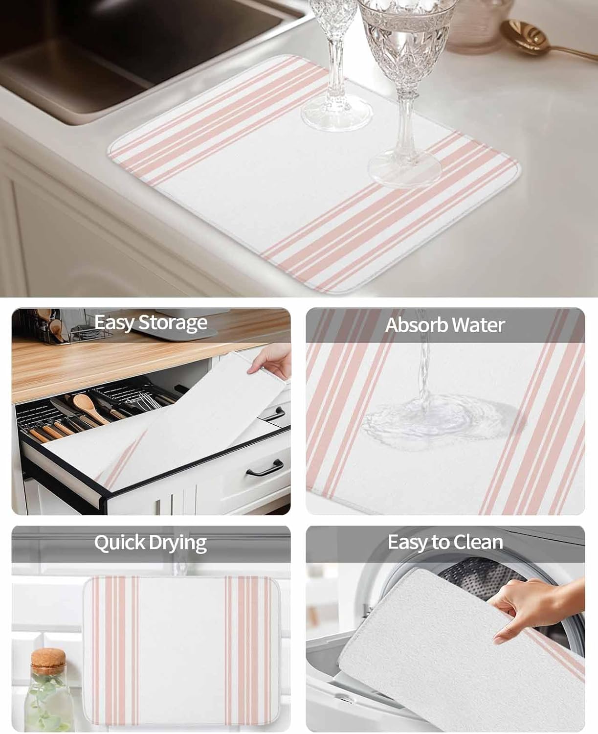 Dish Drying Mat Pink White Stripes Dish Drying Mats for Kitchen Counter Simple Striped Absorbent Microfiber Dish Drying Mat Dish Rack Mat with Hanging Loop, Quick Drying Dish Mat 18*24in