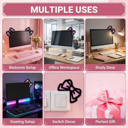 2 PCS 3D Wood Pink Bow Computer Monitor Decor Cute Coquettish Mini PC Decorations Laptop Office Decoration Gift for Women