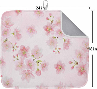 Pink Floral Dish Drying Mat for Kitchen Counter Modern Farmhouse Aesthetic Shabby Chic Flower Baby Microfiber Drying Pad, Absorbent Coffee Cup Dishes Drainer Mats 18"x24", 1 Pcs
