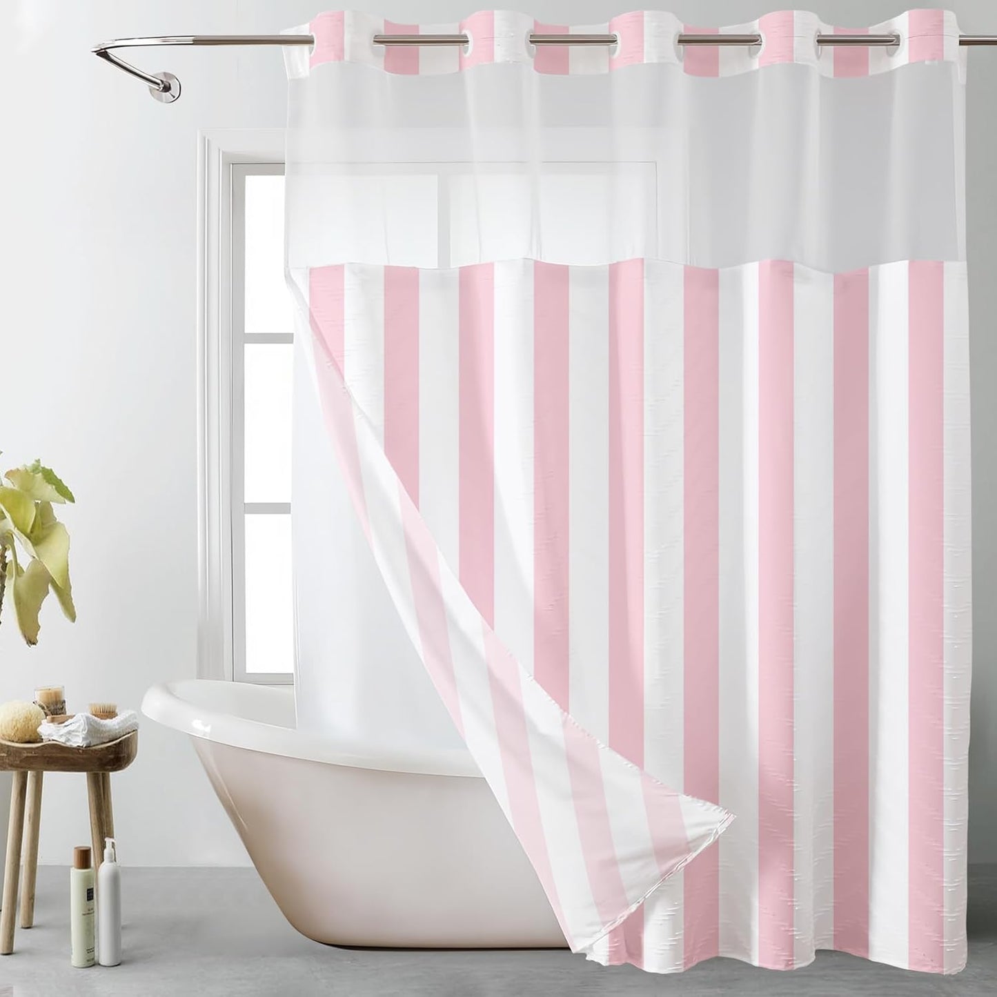 LB No Hook Shower Curtain with Snap in Liner Pink and White Striped Shower Curtain for Bathroom Vertical Stripe Geometric Bathroom Curtains Shower Set, 72x74 inches Shower Curtains and Liner Set