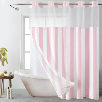 LB No Hook Shower Curtain with Snap in Liner Pink and White Striped Shower Curtain for Bathroom Vertical Stripe Geometric Bathroom Curtains Shower Set, 72x74 inches Shower Curtains and Liner Set
