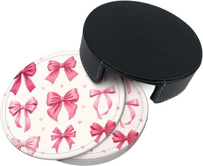 Light Pink Bows in Three Rows Premium Leather Coasters, Set of 6 with Holder, Stylish Beverage Coasters for Kitchen Coffee Bar