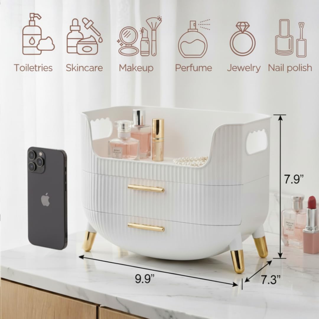 HALAFE Makeup Organizer with Drawers, Skincare Storage Box for Vanity, Multiple Compartments, Portable Cosmetic Display Case with Handle, Large Make up Organizers for Dresser, Bathroom, Bedroom, Pink