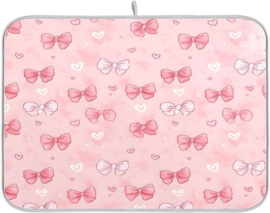 Pink White Bow Heart Pattern Dish Drying Mat 16x18 Absorbent Dishes Pad Dish Drainer Mat Protector for Kitchen Fast Dry