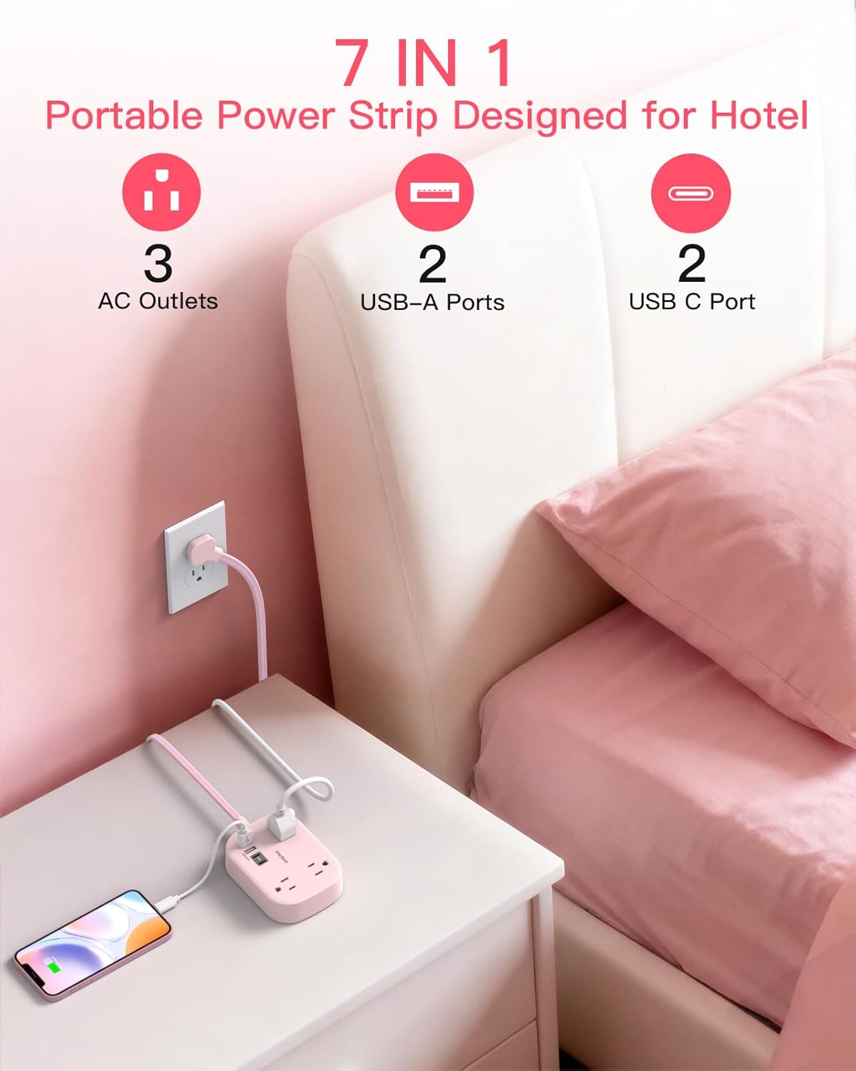 Cruise Essentials 2026,Travel Power Strip with USB C,Flat Plug Extension Cord 10 ft with 3 Outlets 4 USB Ports(2 USB C), Desk Wall Outlet Extender,Non Surge Protector for Cruise,Dorm Room,ETL-Pink