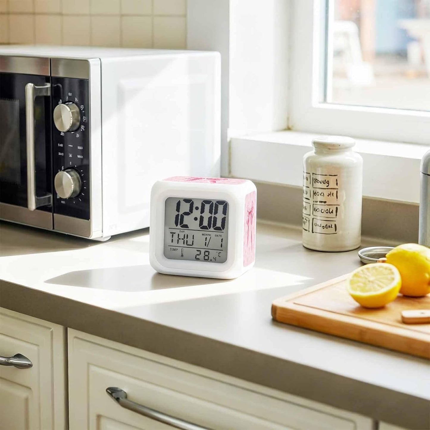 Pink Bow Alarm Clock, Cute Coquette Watercolor Bow Knot Ribbon Love Heart Digital Clock Night Light with 7 Color, Calendar Temperature Display, NightLight Clock for Bedroom, 3.2x3.2in