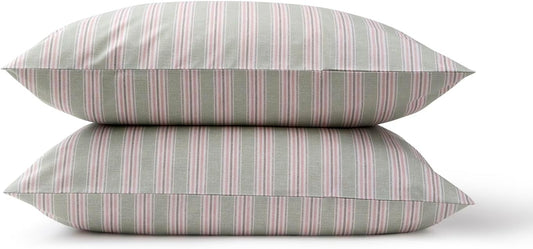 Christy Calder Stripe Standard Pillowcase Set | 100% Cotton | Cool Crisp Cotton Percale | Heritage Inspired Variegated Stripes Design | Bedding Bundle | Pink and Green