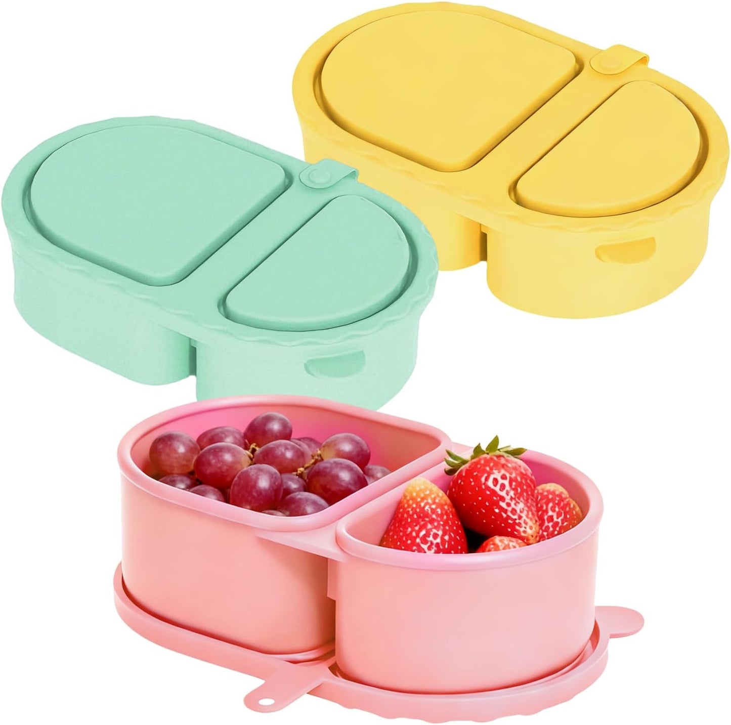 3 Pcs Silicone Double Compartment Snack Containers with Lids, Mini Food Storage Box, 5.7 x 3.5 x 1.7 in Portable Snackle Box for Condiments, Pink, Yellow, Green
