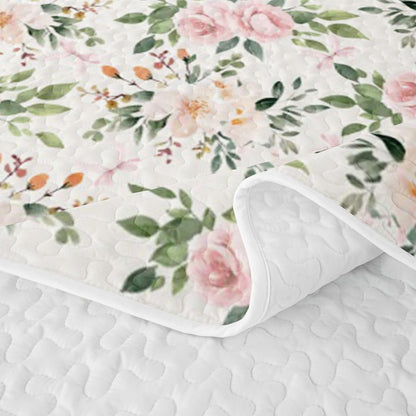 Erosebridal Flower Quilt Set Rose Quilt Queen Peach Blossom Kawaii Ribbon Bow Quilted Coverlet Princess Girly Leaves Floral Theme Bedspread Lightweight