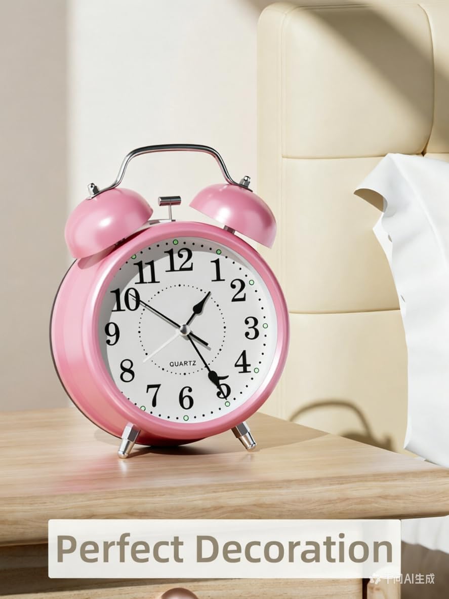 4 Inches Analog Alarm Clocks Retro Backlight Cute Simple Design with Night Light Silent Non-Ticking Battery Operated [Pink]