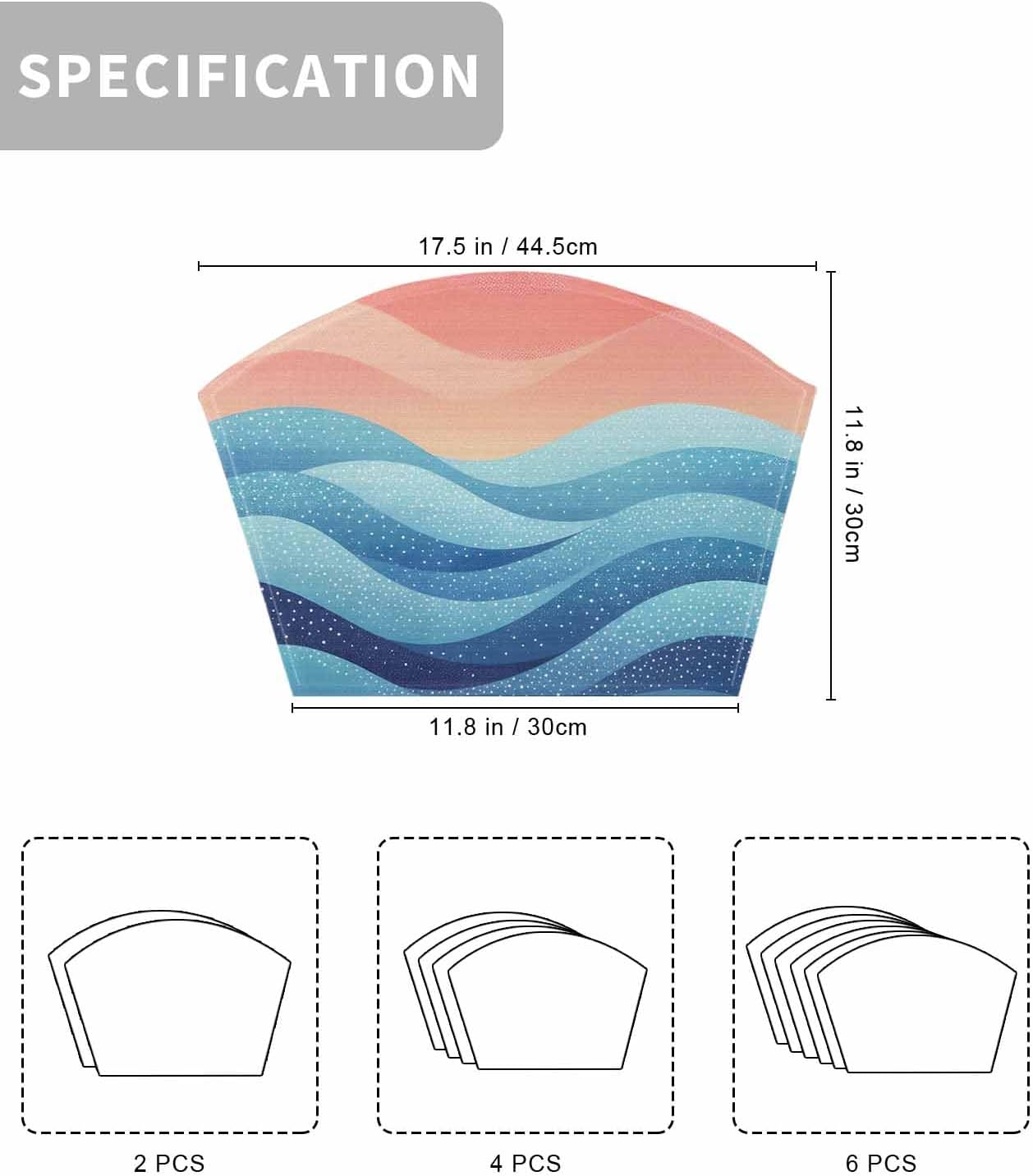 Round Table Placemats Set of 4, Blue Peach Layered Ocean Waves Wedge Table Mat Washable Placemat, Gradient Striped Fan Shape Place Mats for Kitchen Indoor Outdoor