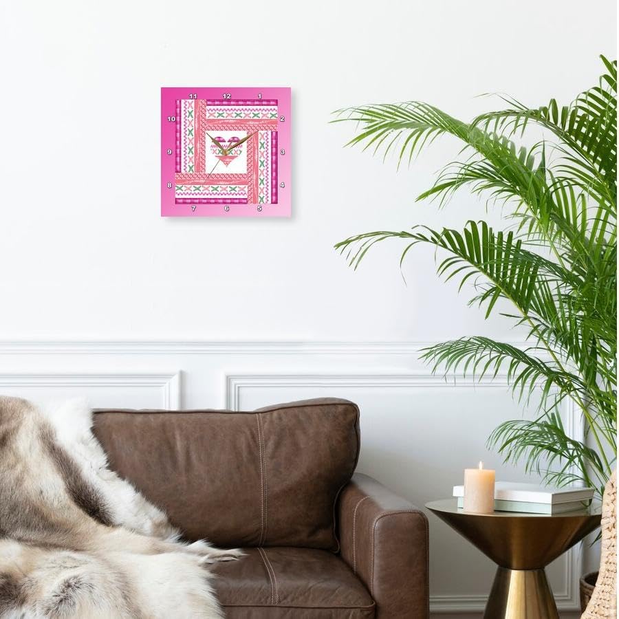 3dRose Wall Clock Silent - 15 inch - Heart of Trim in Frame of Trim, Pink, Green, Coral, and White - Heart Design