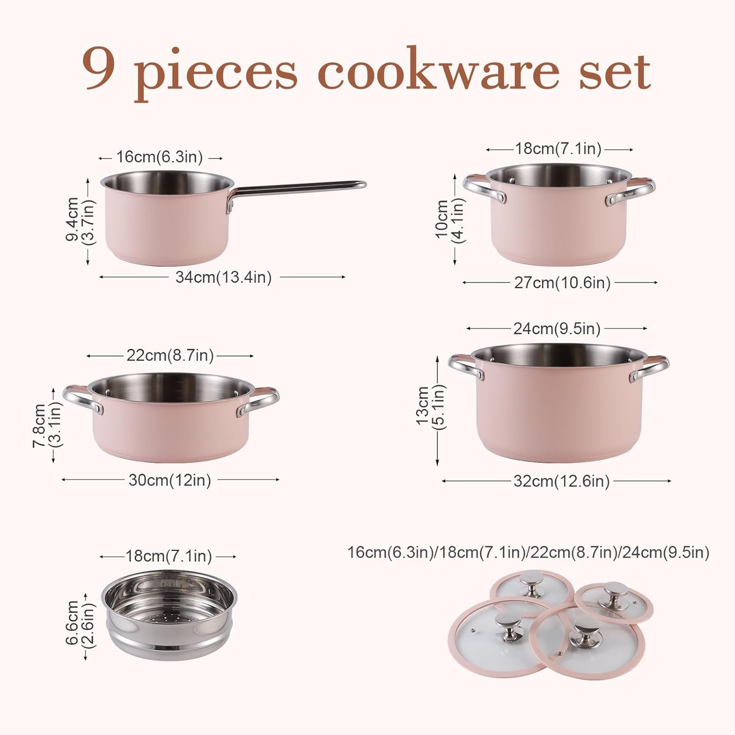 9pcs Stainless Steel Cookware Set for Family Kitchen, 304 Grade, Ceramic Coated Exterior, Induction Compatible Pots and Pans with Glass Lids, Non-Toxic & Easy to Clean,Pink