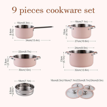 9pcs Stainless Steel Cookware Set for Family Kitchen, 304 Grade, Ceramic Coated Exterior, Induction Compatible Pots and Pans with Glass Lids, Non-Toxic & Easy to Clean,Pink