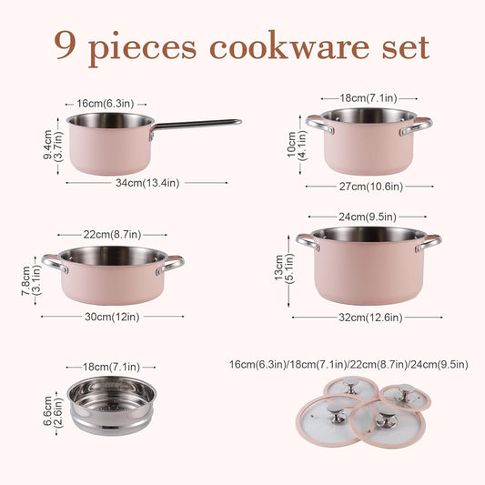 9pcs Stainless Steel Cookware Set for Family Kitchen, 304 Grade, Ceramic Coated Exterior, Induction Compatible Pots and Pans with Glass Lids, Non-Toxic & Easy to Clean,Pink
