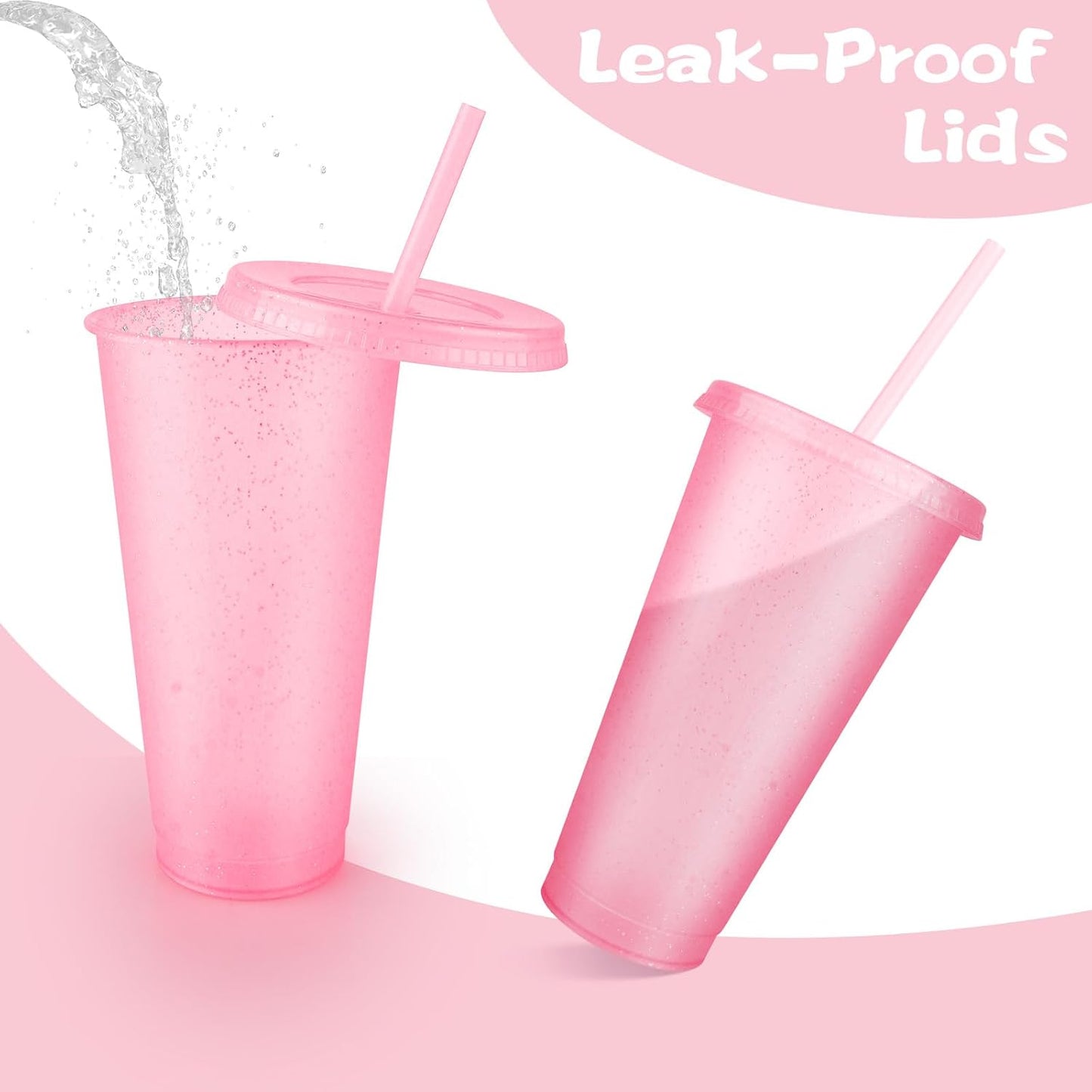 Hxezoc 16-Piece Reusable Cups with Lids and Straws, 24 oz Glitter Plastic Tumbler Iced Coffee Cups Travel Mugs for Smoothies, Juices, Beach, Bachelor Party (Light Pink)