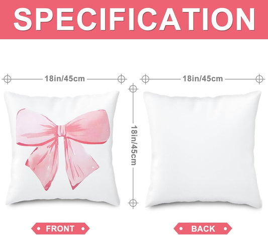 2 Pcs Pink Bow Pillow Covers Watercolor Bowknot Throw Pillow Cases Coquette Cushion Covers for Party Home Couch Sofa Car, 18 x 18 in