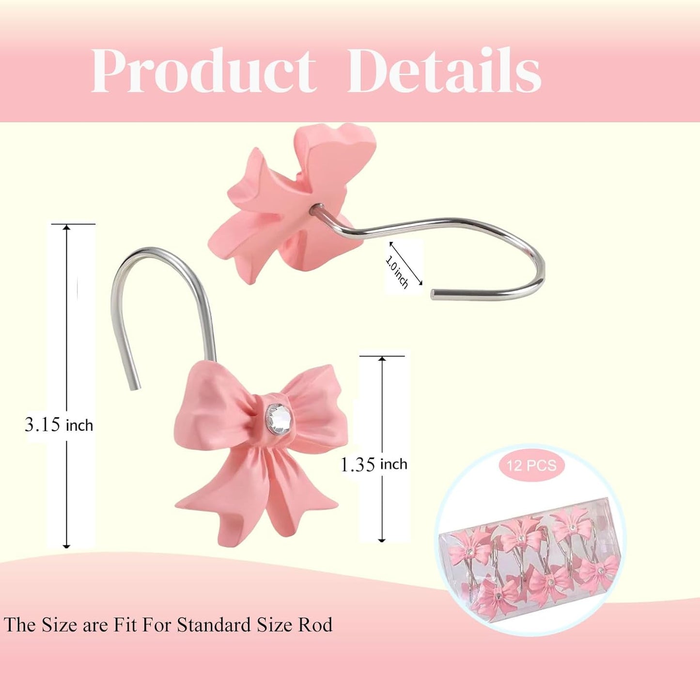 12PCS Decorative Shower Curtain Hooks with Shining Diamond,Rust Resistant Pink Bow Knot Hangers,Cute Shower Curtain Rings Hooks for Home Bathroom Decor Supplies