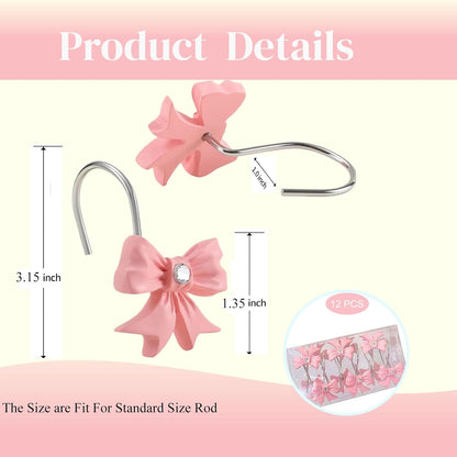 12PCS Decorative Shower Curtain Hooks with Shining Diamond,Rust Resistant Pink Bow Knot Hangers,Cute Shower Curtain Rings Hooks for Home Bathroom Decor Supplies