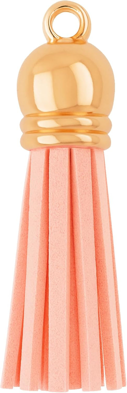 Mandala Crafts 100 Pcs Rose Gold Cap Peach Faux Suede Tassels Bulk Keychain Making Supplies - Small Leather Tassels for Charms, Jewelry Making, and DIY Crafts