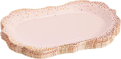 Sparkle and Bash 24-Pack Pink Disposable Serving Trays, Gold Foil Polka Dotted Party Platters for Wedding, Birthday, Tea Party, Brunch Decorations, Table Centerpiece, Home Decor (9x13 in)
