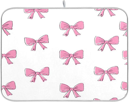 Cute Light Pink Bows Dish Drying Mat Absorbent Dishes Drainer Rack Mats Microfiber Reversible Dish Drying Pad Fast Dry Kitchen Accessories 16x18in For Kitchen Counter