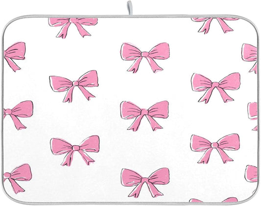 Cute Light Pink Bows Dish Drying Mat Absorbent Dishes Drainer Rack Mats Microfiber Reversible Dish Drying Pad Fast Dry Kitchen Accessories 16x18in For Kitchen Counter