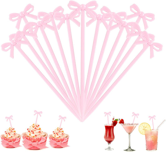 100Pcs Pink Toothpicks Plastic Bow Cocktail Picks Long Fruit Skewers Drink Stirrers Cupcake Toppers Fancy Toothpick for Appetizers Drinks Wedding Coquette Birthday Bow Party Decoration